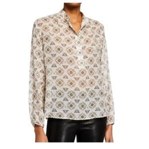 A.L.C. Meghan Silk Cotton Band Collar Floral Bird Print Blouse Henley Top Size 2